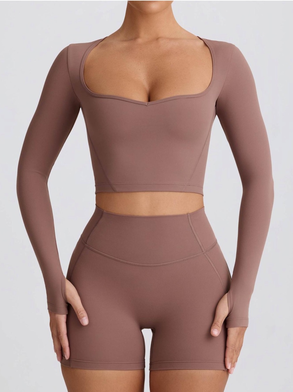 Oh Polly Bo + tee soft active Long Sleeve Crop Top in Brown